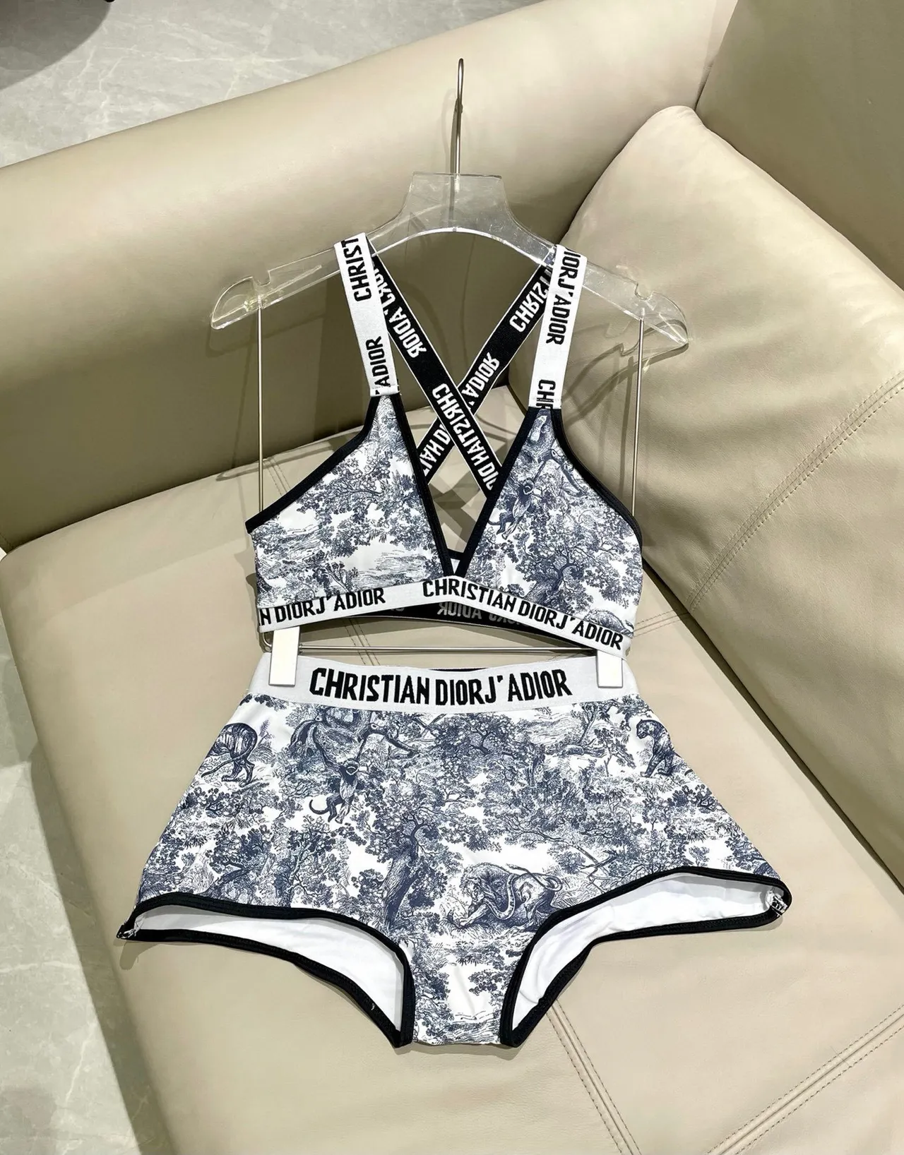 Dior J'Adior White Navy Toile De Jouy Print Crisscross Back Straps Underwear 5