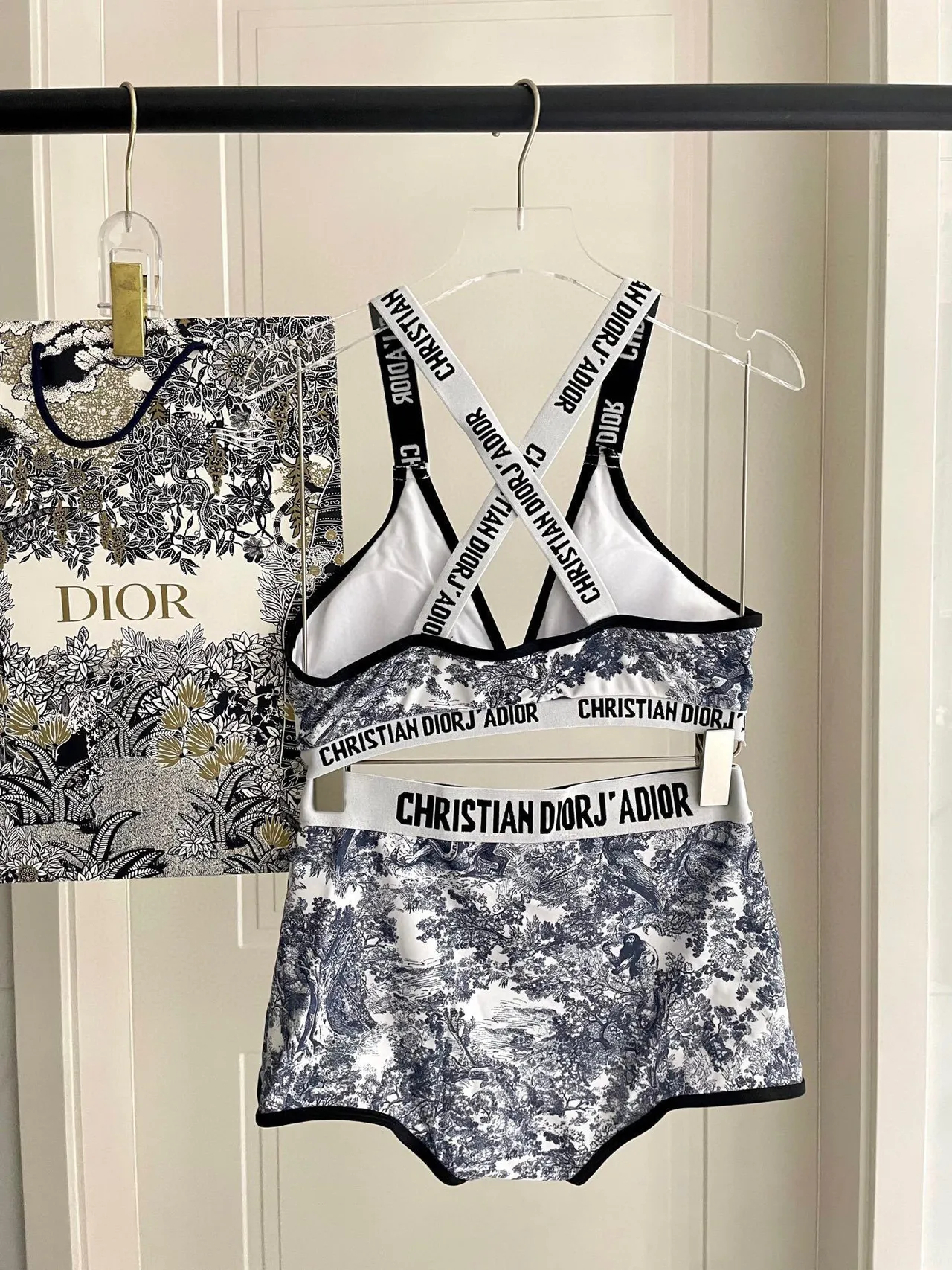 Dior J'Adior White Navy Toile De Jouy Print Crisscross Back Straps Underwear 7