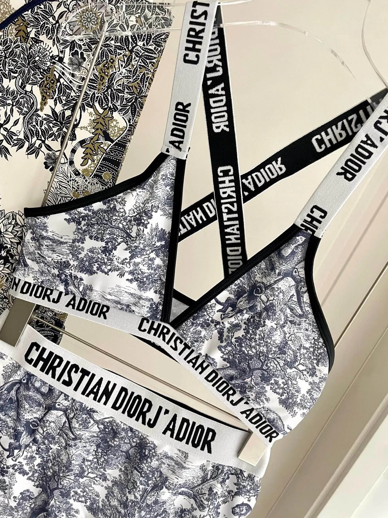 Dior J'Adior White Navy Toile De Jouy Print Crisscross Back Straps Underwear 9