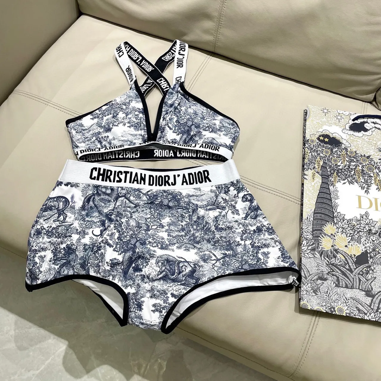 Dior J'Adior White Navy Toile De Jouy Print Crisscross Back Straps Underwear 10