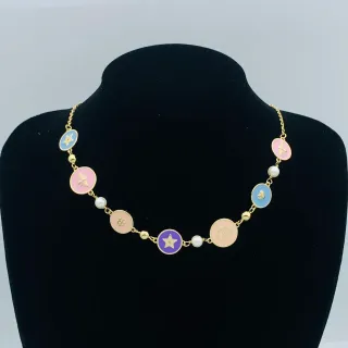 Dior Multicolor Gold Chain Enamel Disc Charms Necklace