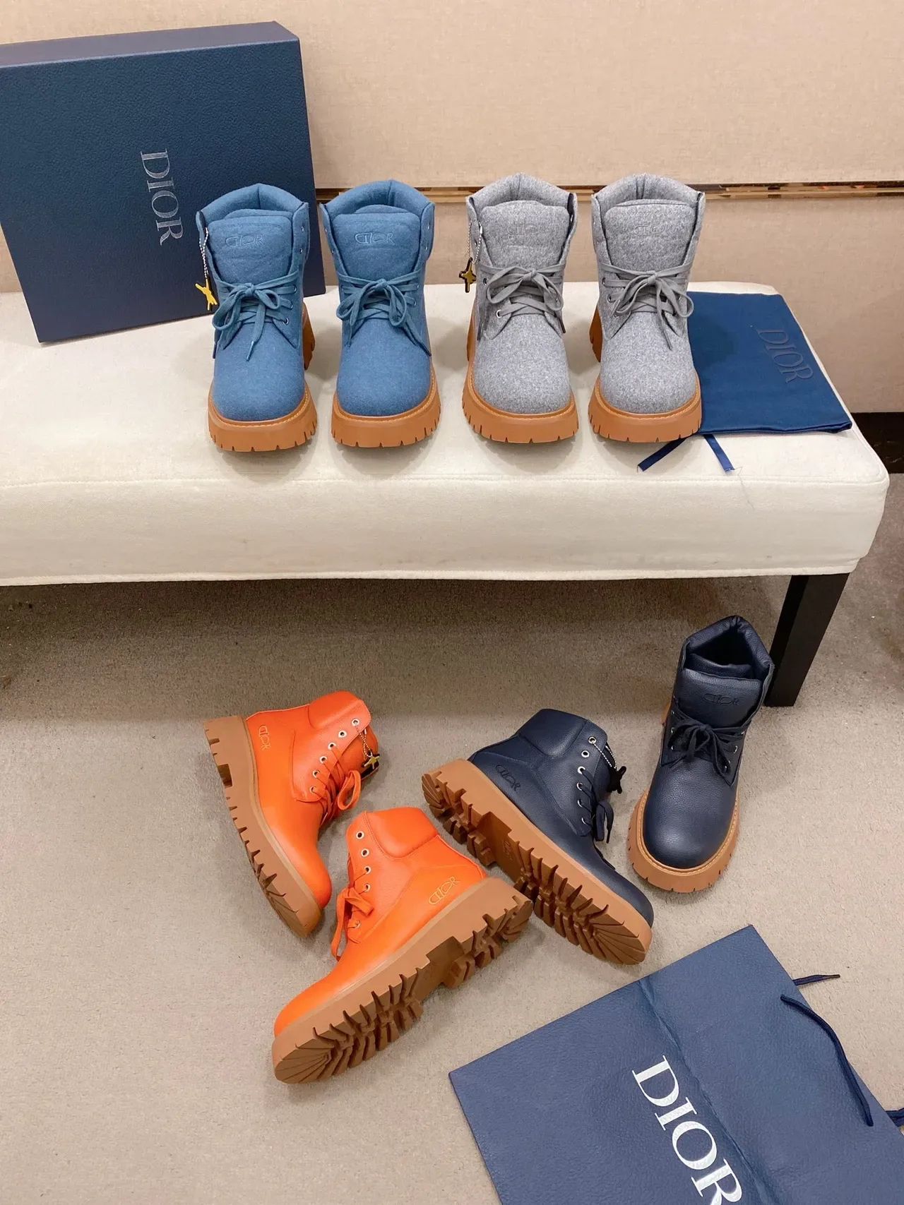 Dior Navy Beige Pebbled Leather Chunky Lug Sole Work Boots 2
