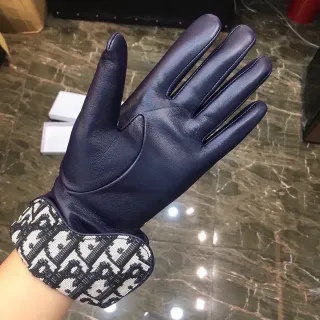 Dior Navy Black Smooth Palm Oblique Monogram Knit Cuff Leather Gloves