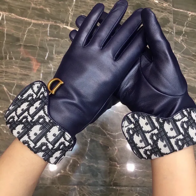 Dior Navy Black Smooth Palm Oblique Monogram Knit Cuff Leather Gloves 2