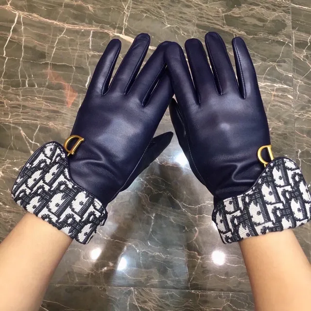 Dior Navy Black Smooth Palm Oblique Monogram Knit Cuff Leather Gloves 3