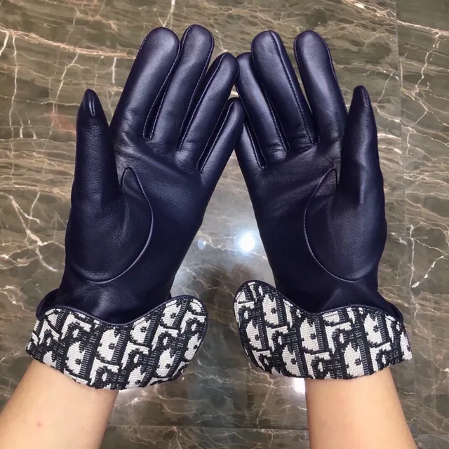 Dior Navy Black Smooth Palm Oblique Monogram Knit Cuff Leather Gloves 4