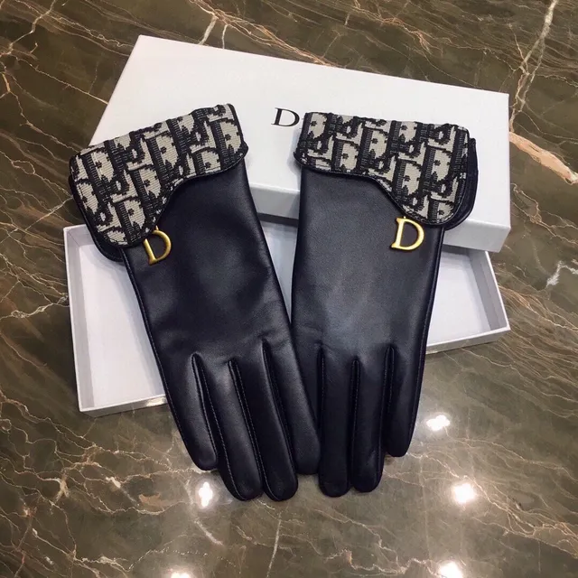 Dior Navy Black Smooth Palm Oblique Monogram Knit Cuff Leather Gloves 5