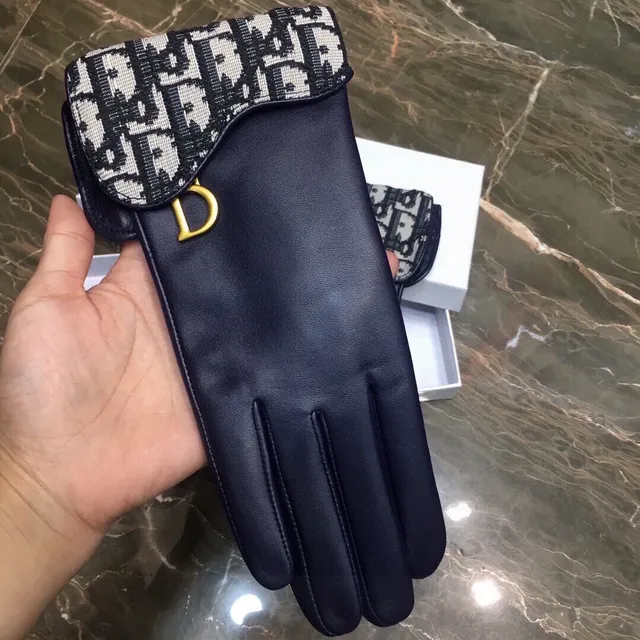 Dior Navy Black Smooth Palm Oblique Monogram Knit Cuff Leather Gloves 7