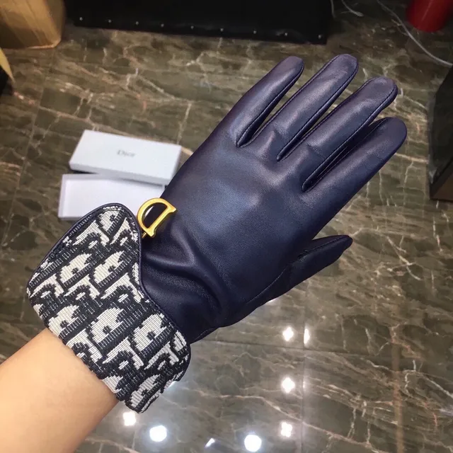 Dior Navy Black Smooth Palm Oblique Monogram Knit Cuff Leather Gloves 9
