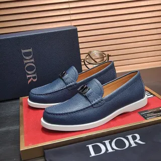 Dior नेवी व्हाइट पेब्ल्ड लेदर डी-शेप्ड मेटल बकल लूफर