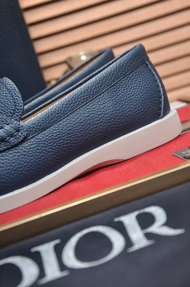 Dior Navy White Pebbled Leather D-Shaped Metal Buckle Loafer 2