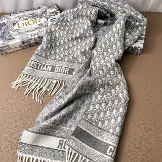 Dior Oblique Monogram 灰色和象牙色 Cashmere 围巾