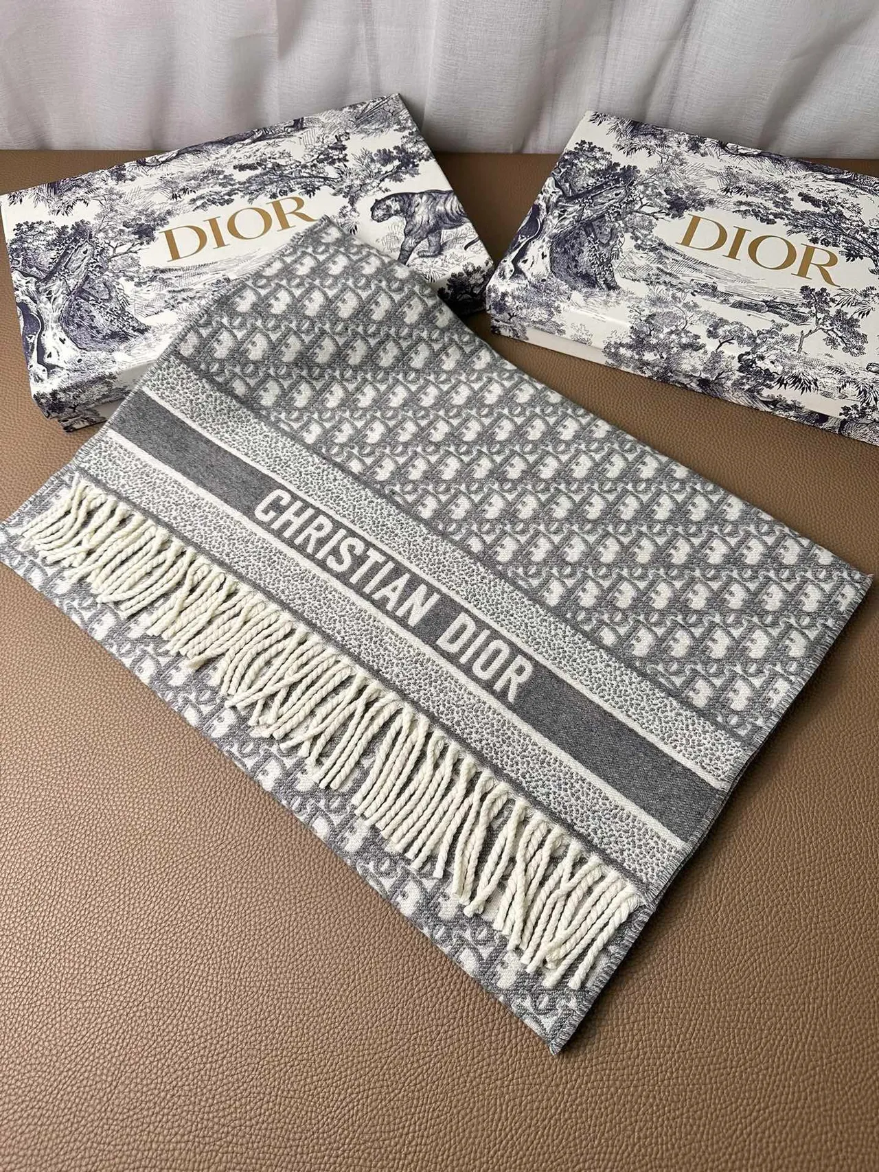 Dior Oblique Monogram Gris et Ivoire Cashmere Écharpe 6