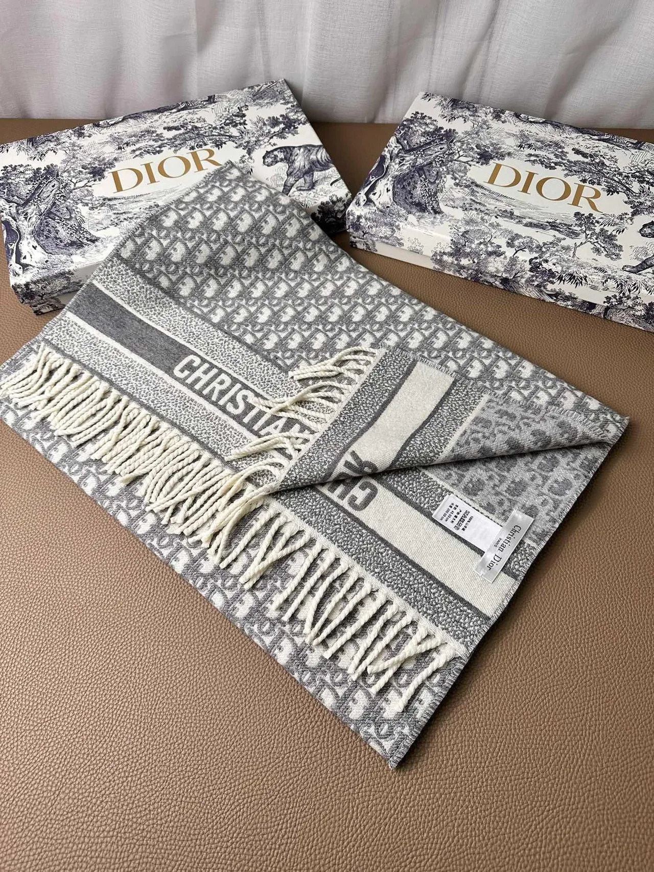 Dior Oblique Monogram Gris et Ivoire Cashmere Écharpe 7