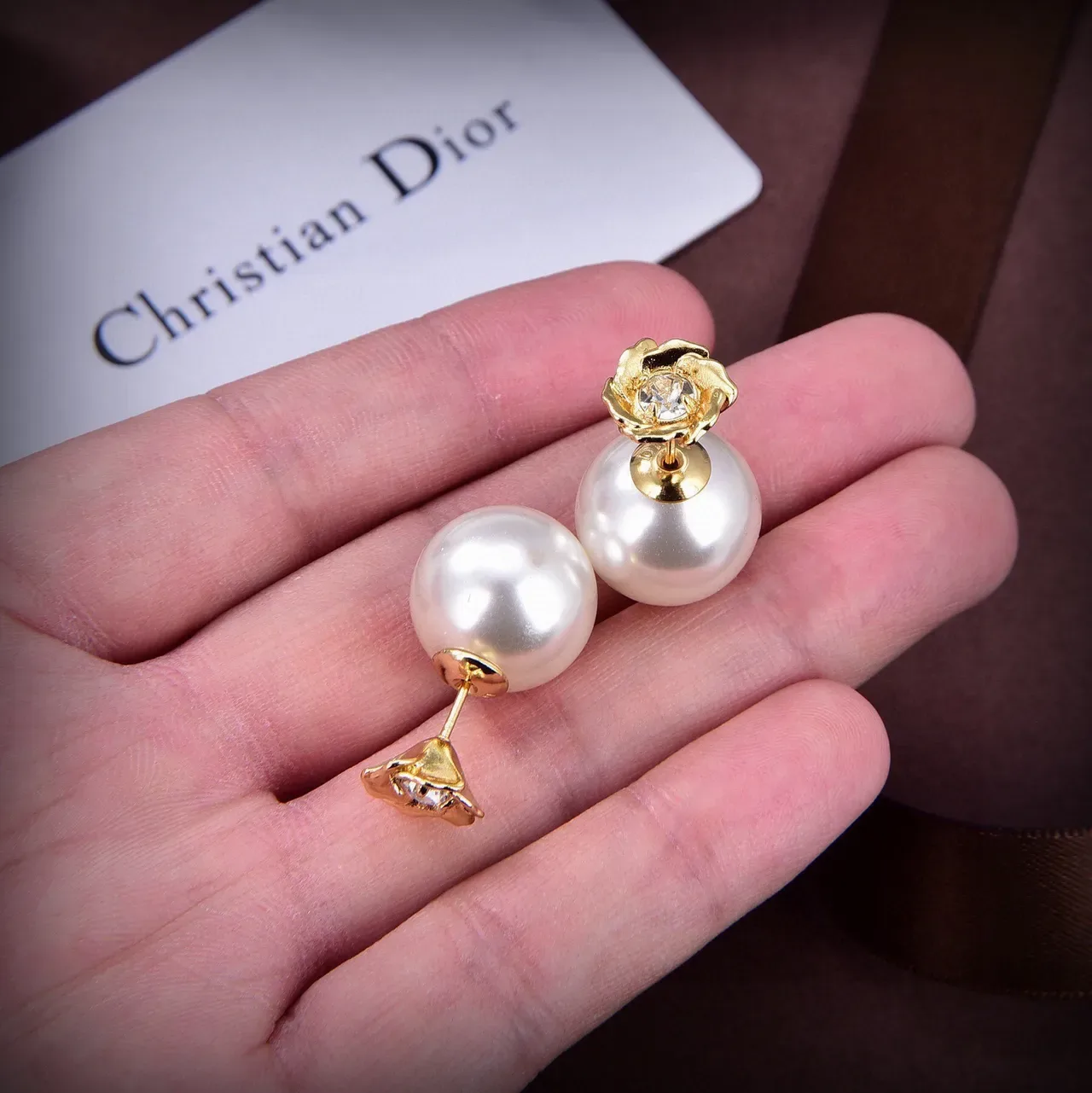 Dior Pearl and Gold-Tone Rose Motif Stud Earrings 4