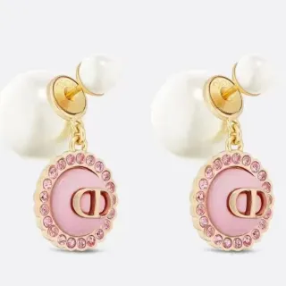 Dior Pink Gold Pearl-Back Post Enamel Disc Earrings