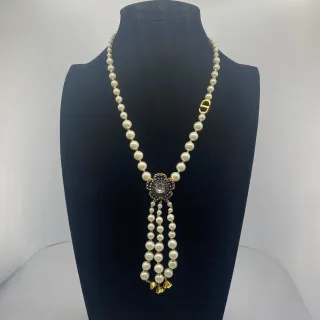 Dior Rose des Vents Beige Gold Pearl Strand Floral Crystal Pendant Necklace