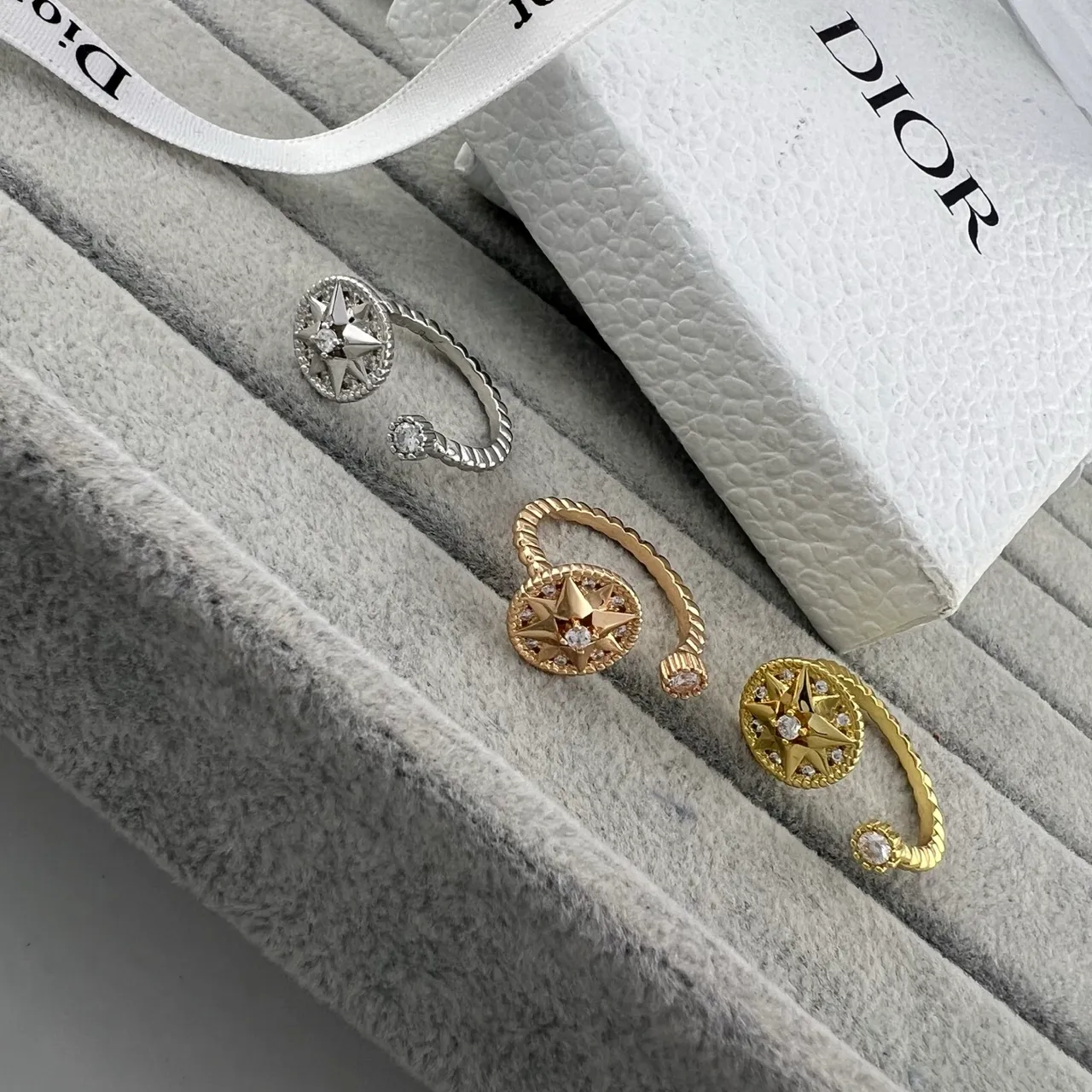 Dior Rose des Vents Gold Silver Open-Cuff Compass-Star Motif Ring 7