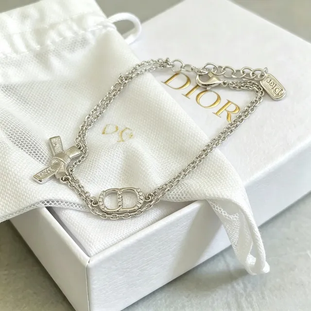 Dior Silver White Double-Chain Crystal-Embellished CD Logo Bracelet 5