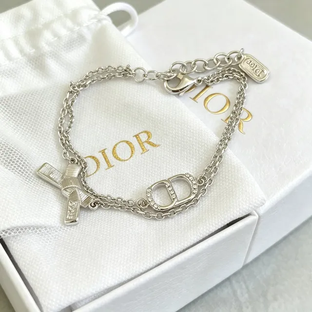 Dior Silver White Double-Chain Crystal-Embellished CD Logo Bracelet 6