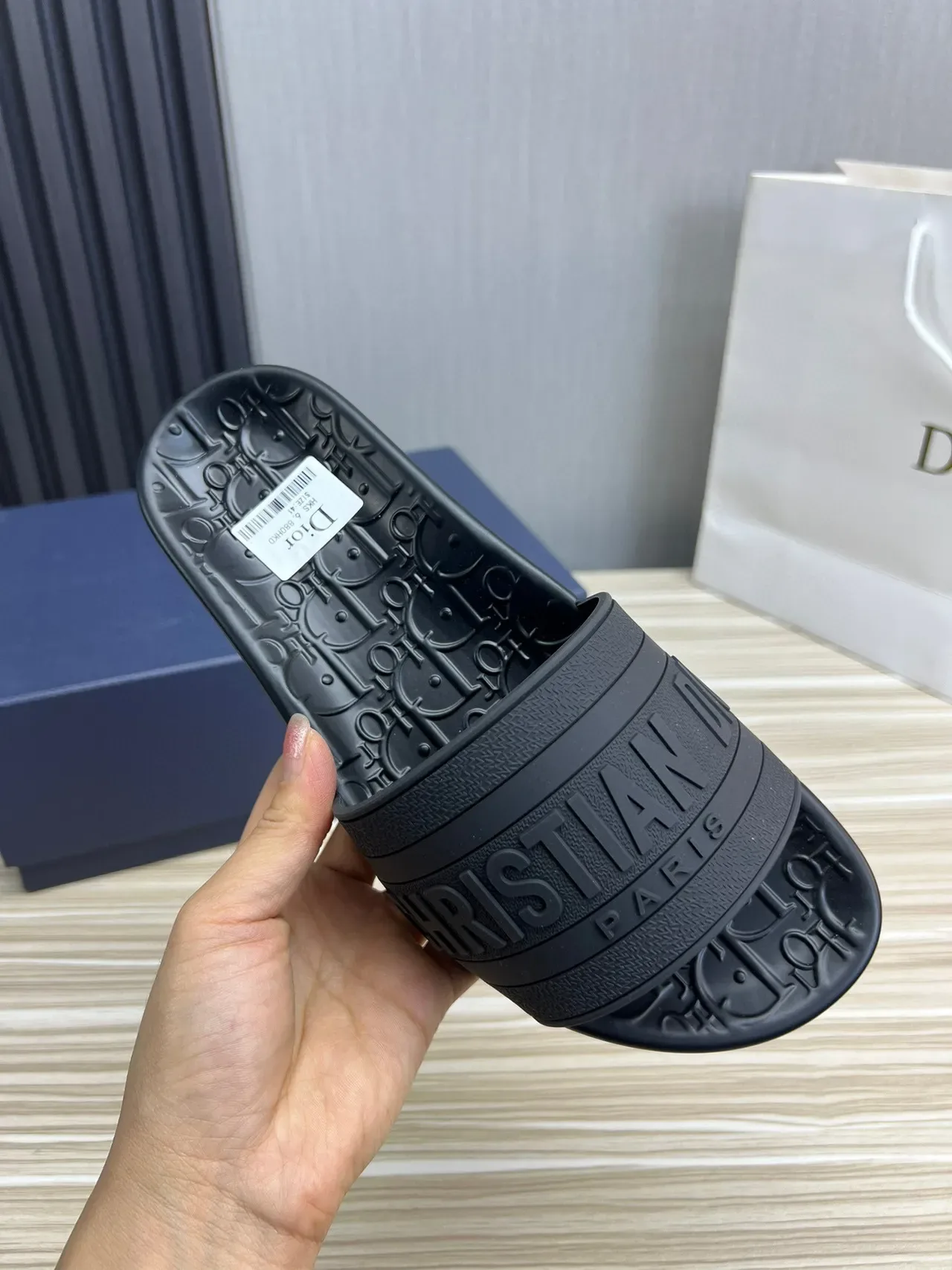 Dior Slide Black Embossed Logo Strap Slipper 5