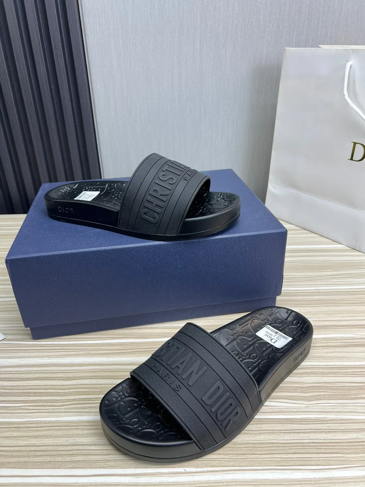 Dior Slide Black Embossed Logo Strap Slipper 7