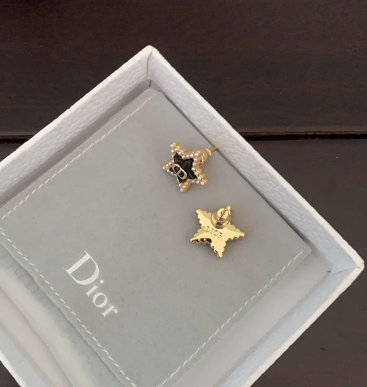 Dior Star Pearl-Bordered Black Enamel Gold-Tone Stud Earrings 2