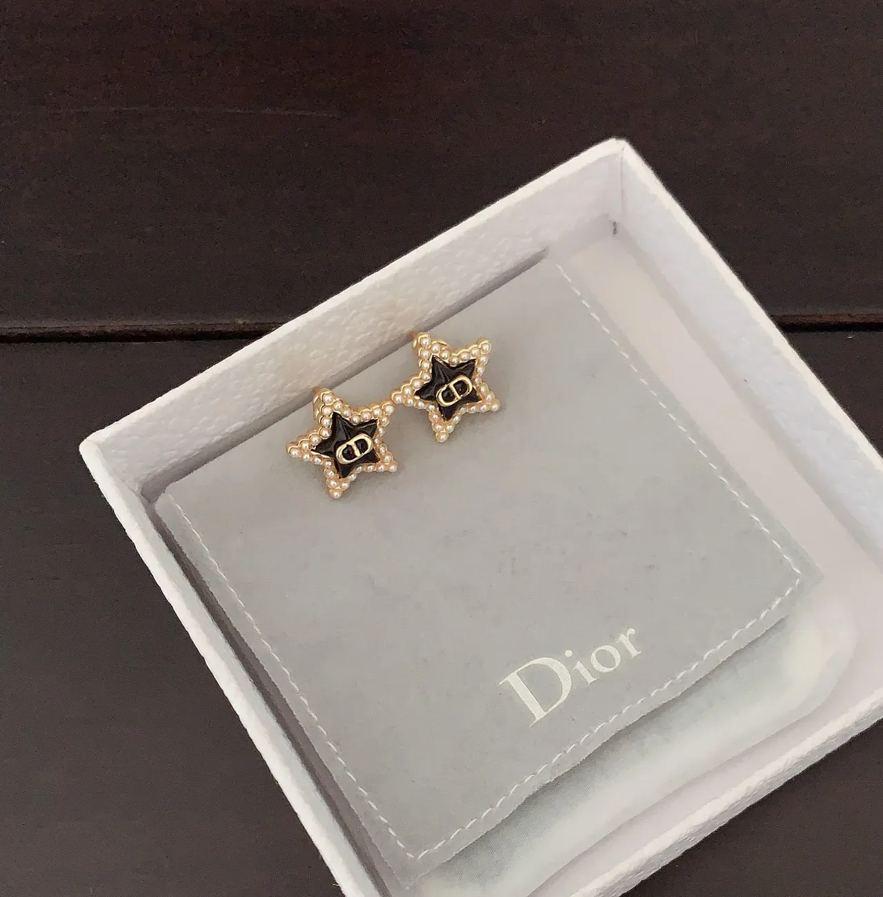 Dior Star Pearl-Bordered Black Enamel Gold-Tone Stud Earrings 3