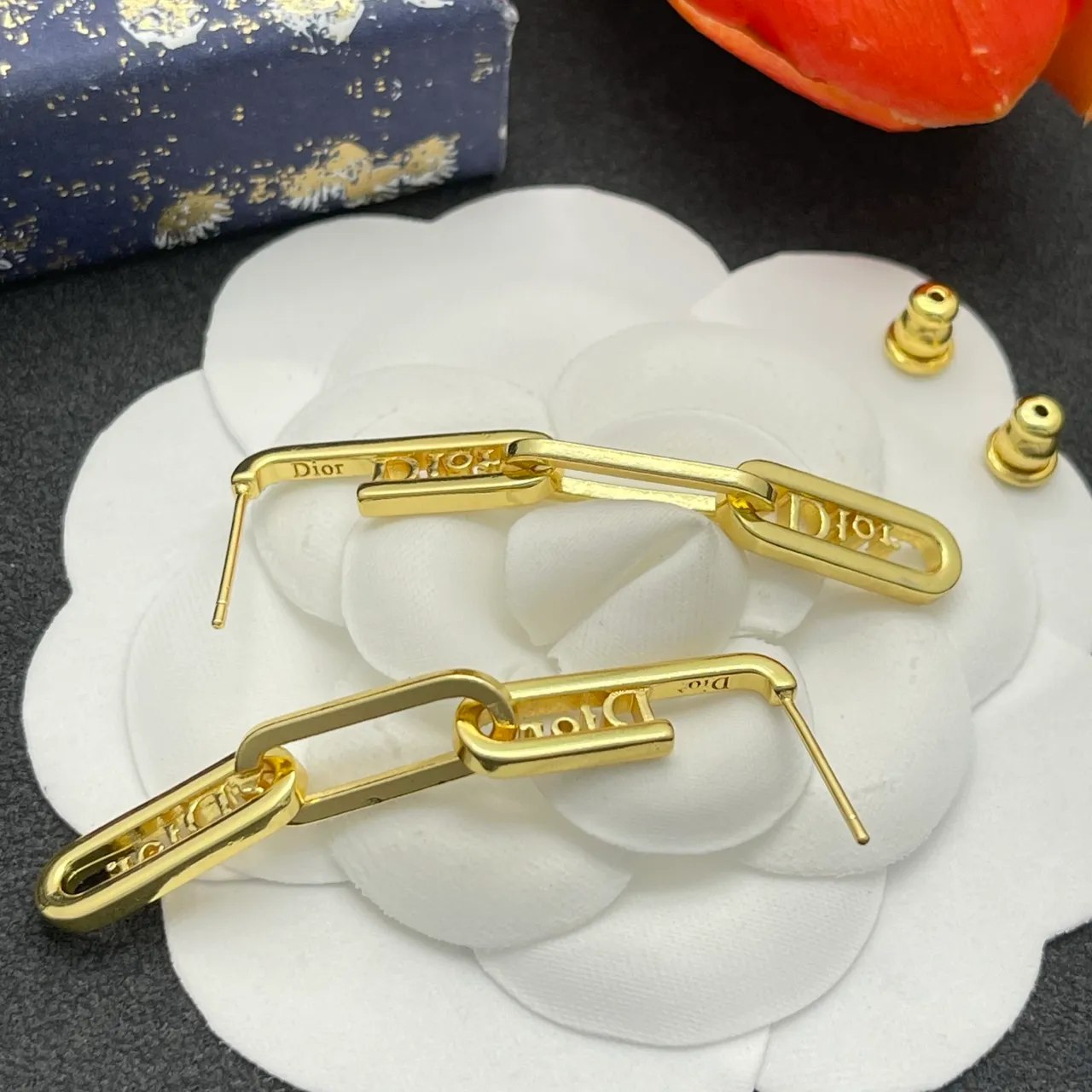 Dior Tribales Gold Transparent Logo-Link Chain Pavé Crystal Border Earrings 3
