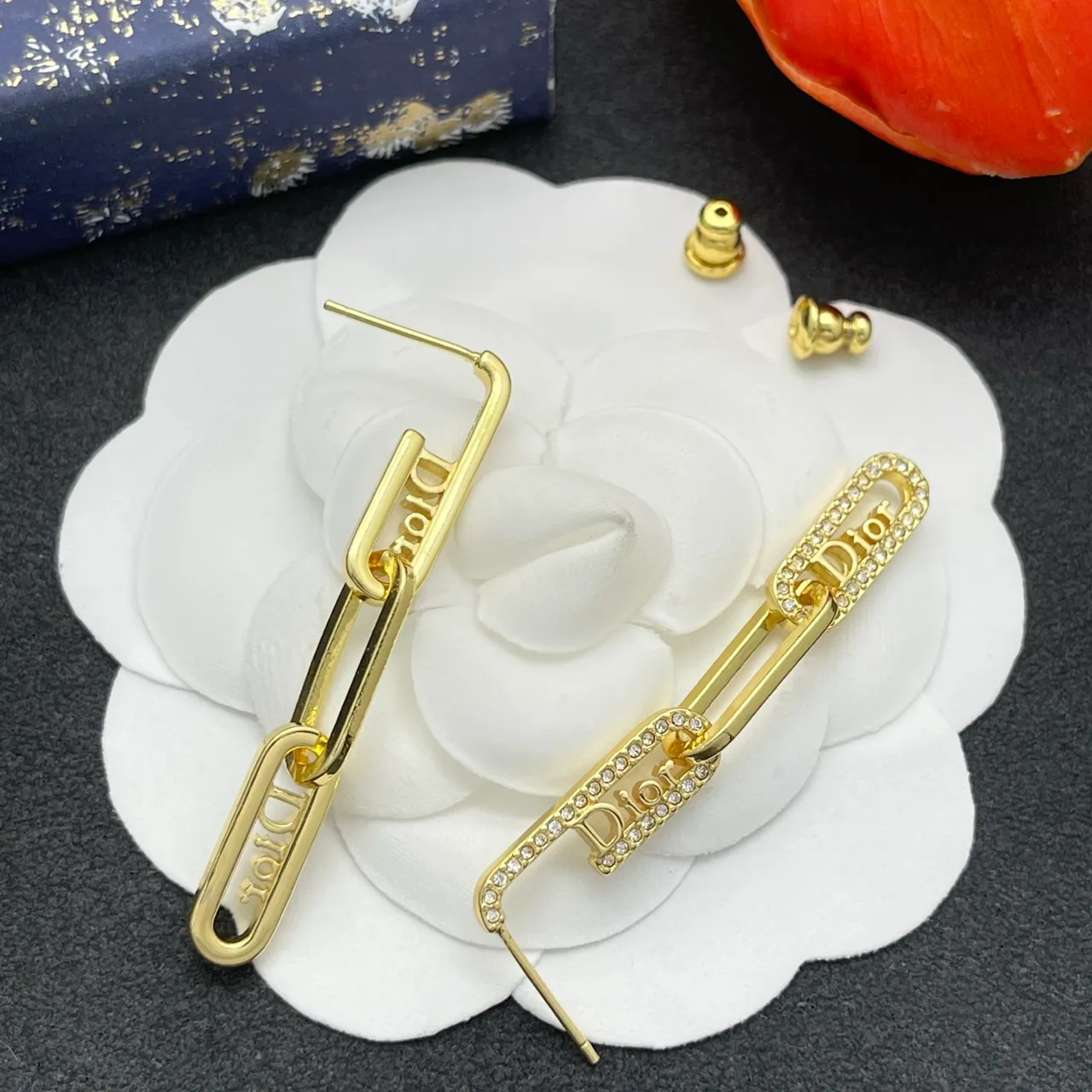 Dior Tribales Gold Transparent Logo-Link Chain Pavé Crystal Border Earrings 4