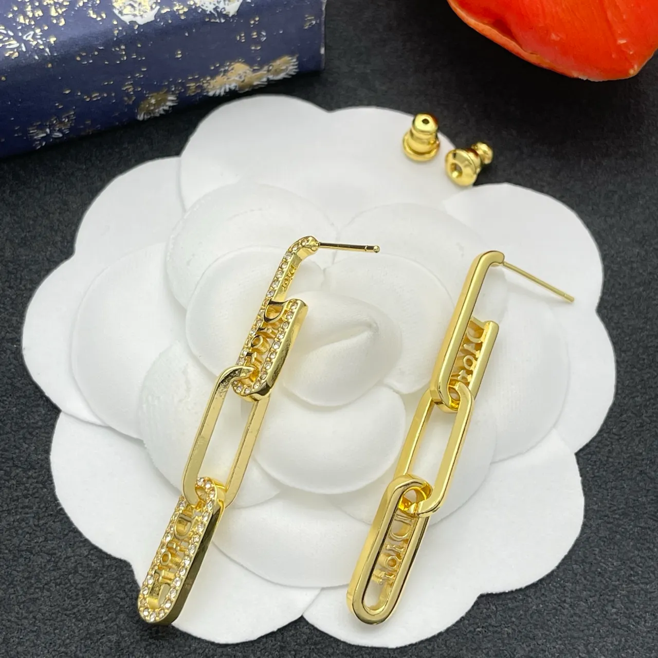 Dior Tribales Gold Transparent Logo-Link Chain Pavé Crystal Border Earrings 5