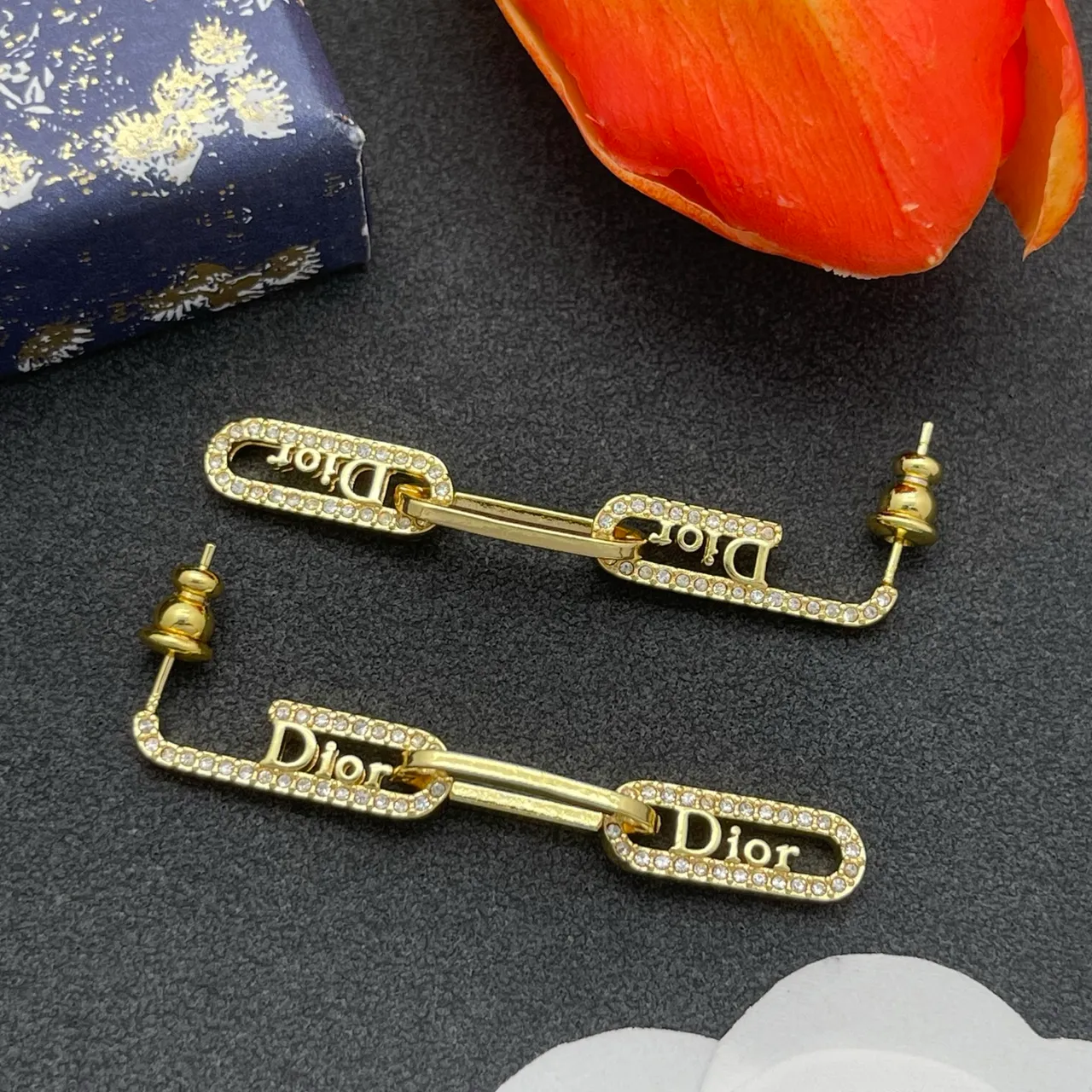 Dior Tribales Gold Transparent Logo-Link Chain Pavé Crystal Border Earrings 8