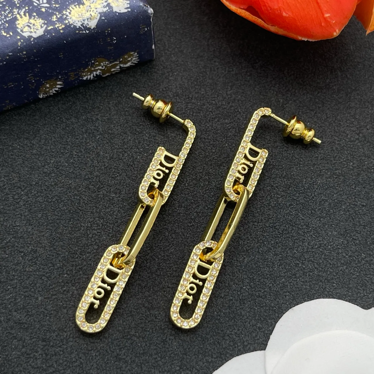 Dior Tribales Gold Transparent Logo-Link Chain Pavé Crystal Border Earrings 6
