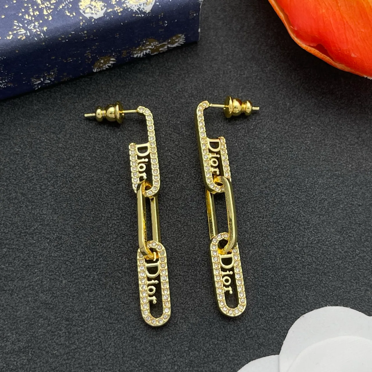 Dior Tribales Gold Transparent Logo-Link Chain Pavé Crystal Border Earrings 7
