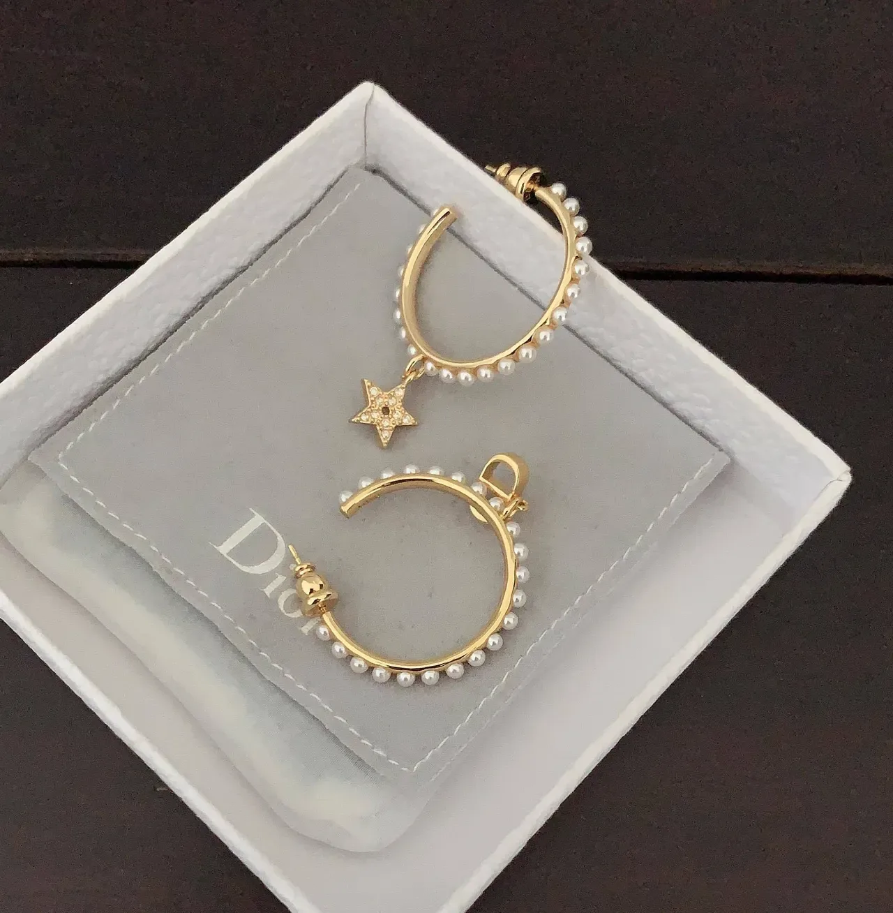Dior Tribales Gold White Pearl-Embellished Hoops Asymmetrical Charms Earrings 2