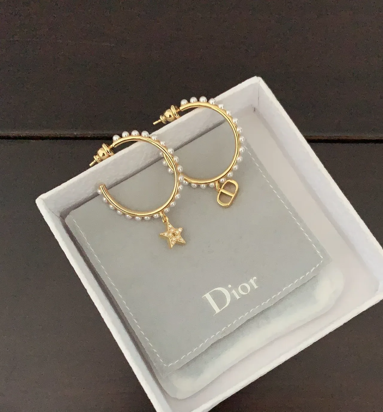 Dior Tribales Gold White Pearl-Embellished Hoops Asymmetrical Charms Earrings 3