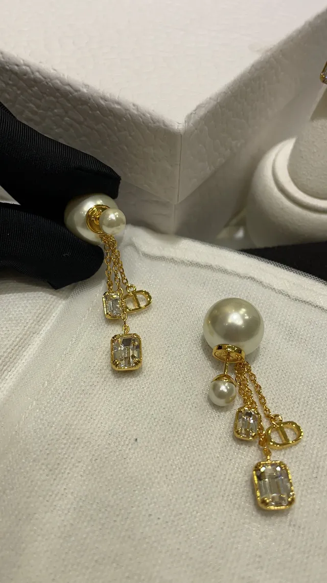 Dior Tribales Gold White Pearl-Stud Dual-Chain Drop Earrings 5