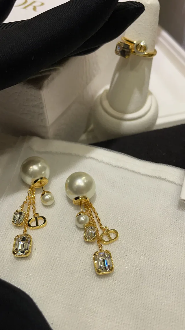 Dior Tribales Gold White Pearl-Stud Dual-Chain Drop Earrings 6