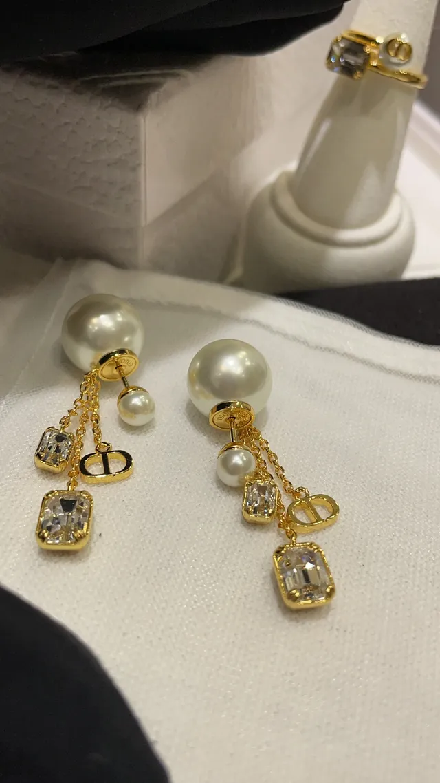 Dior Tribales Gold White Pearl-Stud Dual-Chain Drop Earrings 7