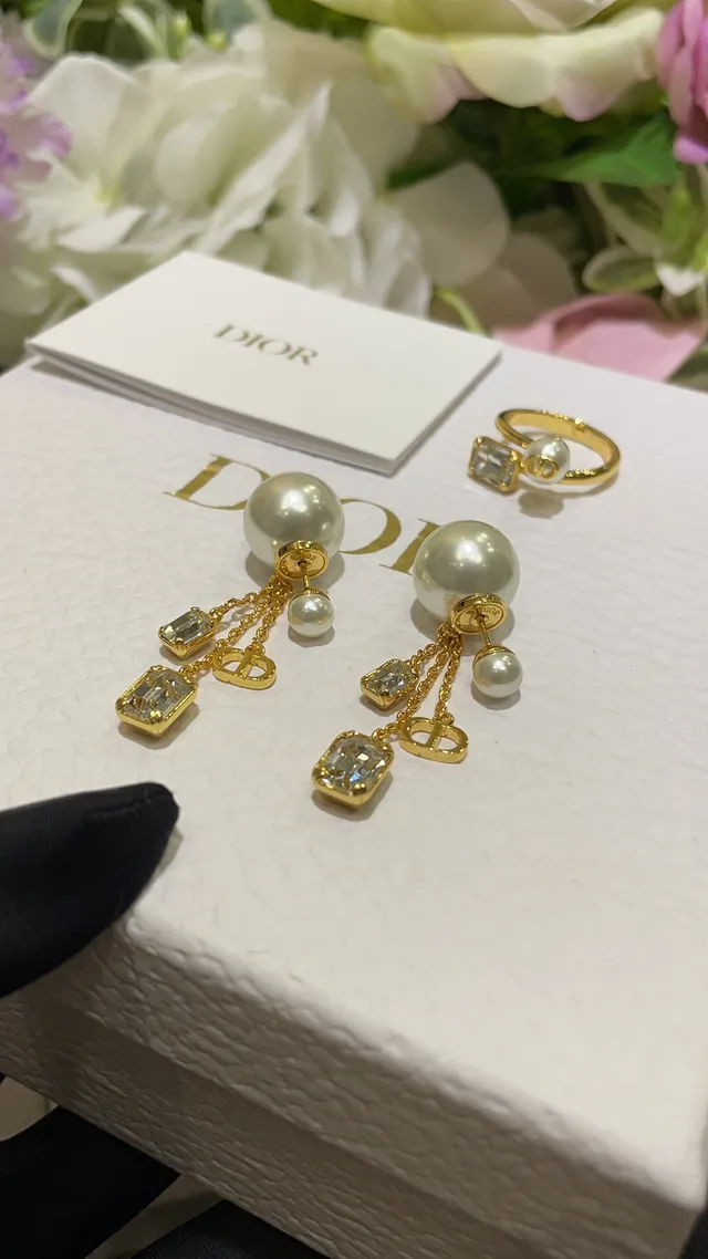Dior Tribales Gold White Pearl-Stud Dual-Chain Drop Earrings 9