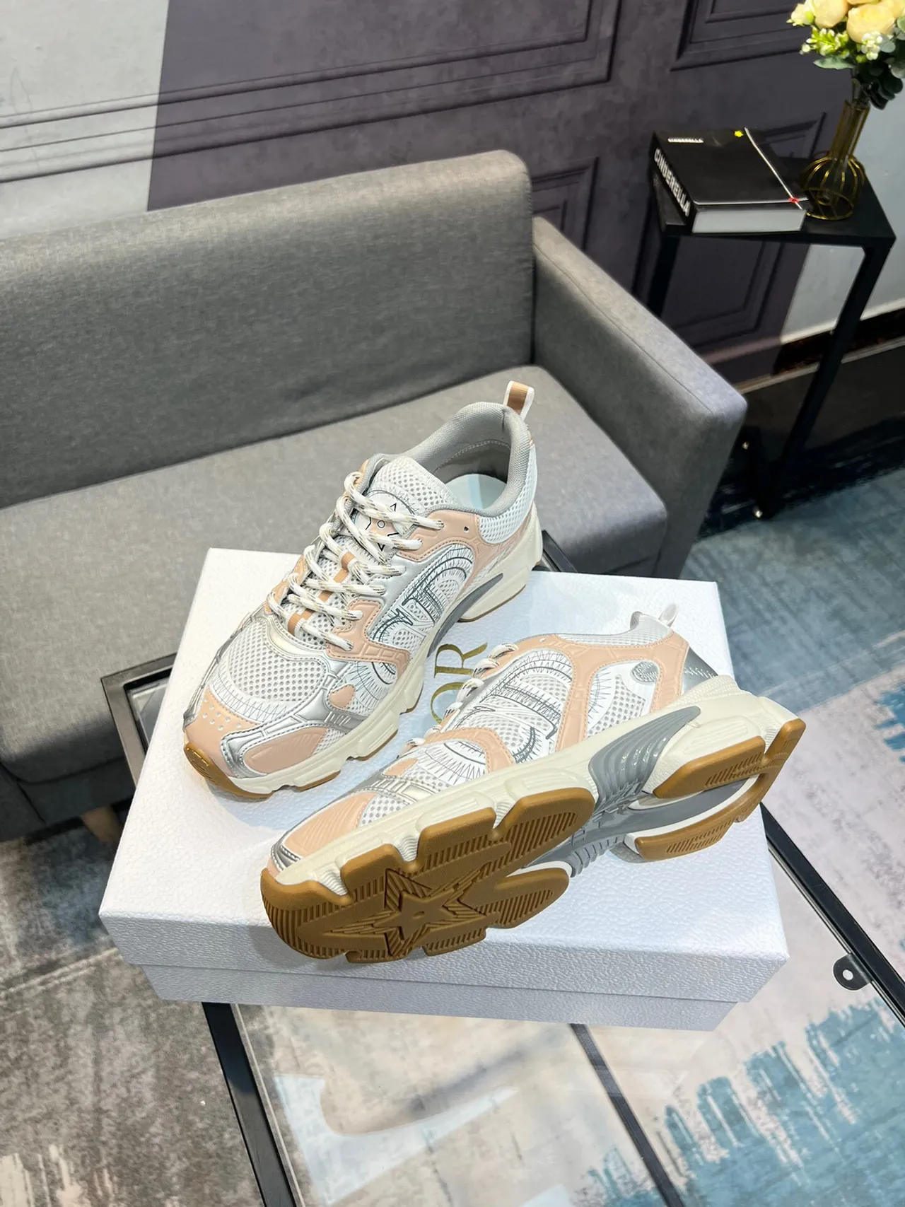 Dior White Beige Layered Mesh And Synthetic Construction Sculpted Side Logo Chunky Sneakers 2