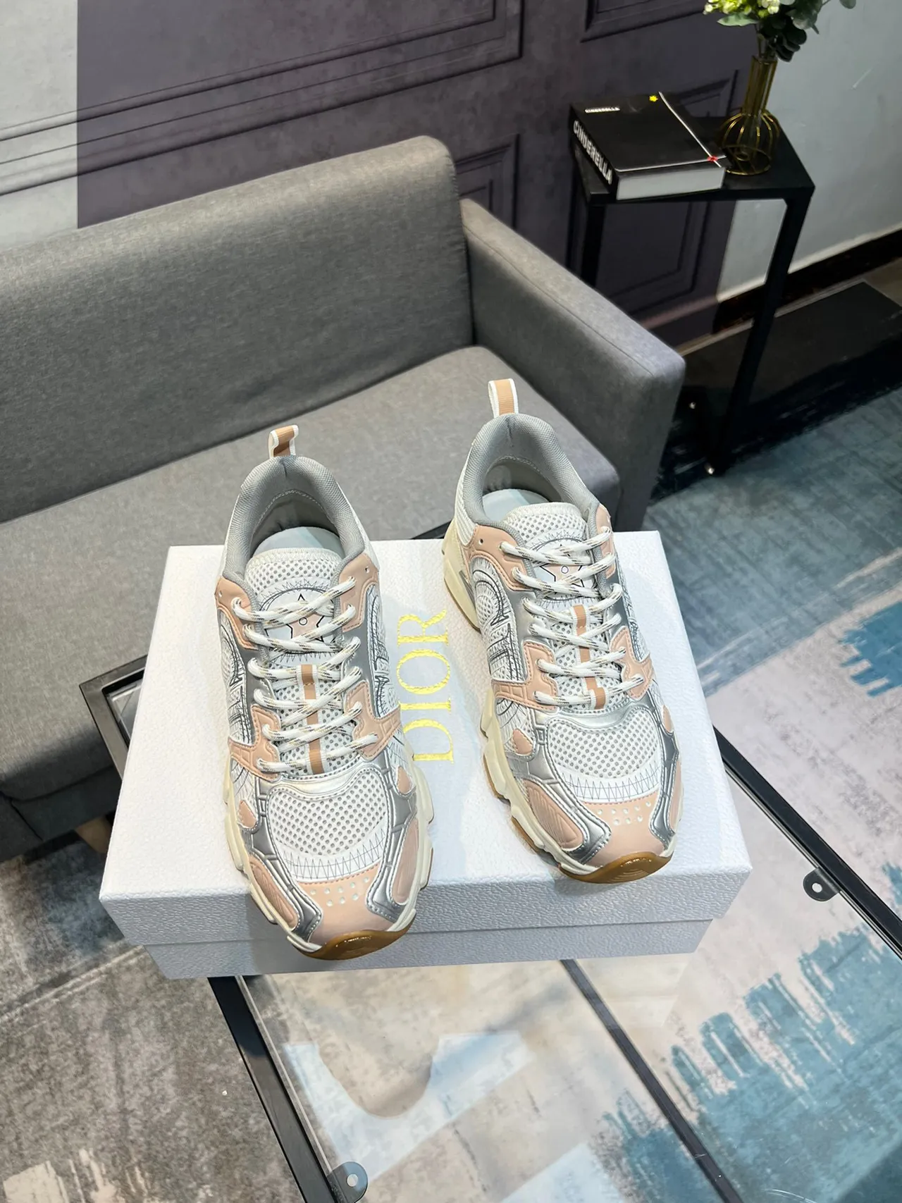 Dior White Beige Layered Mesh And Synthetic Construction Sculpted Side Logo Chunky Sneakers 3