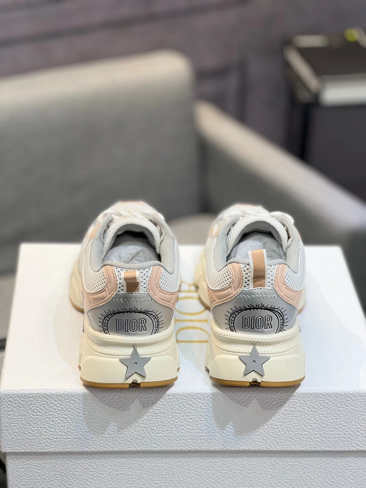 Dior White Beige Layered Mesh And Synthetic Construction Sculpted Side Logo Chunky Sneakers 6