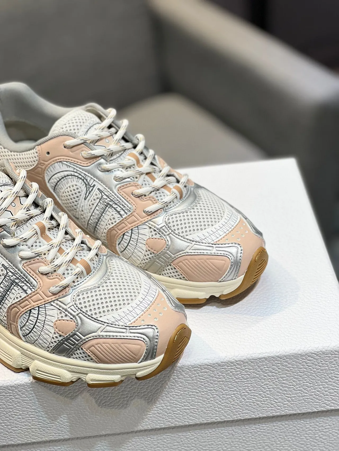 Dior White Beige Layered Mesh And Synthetic Construction Sculpted Side Logo Chunky Sneakers 7