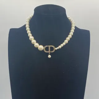 Dior White Gold Pearl Strand Crystal-Embellished CD Clasp Necklace