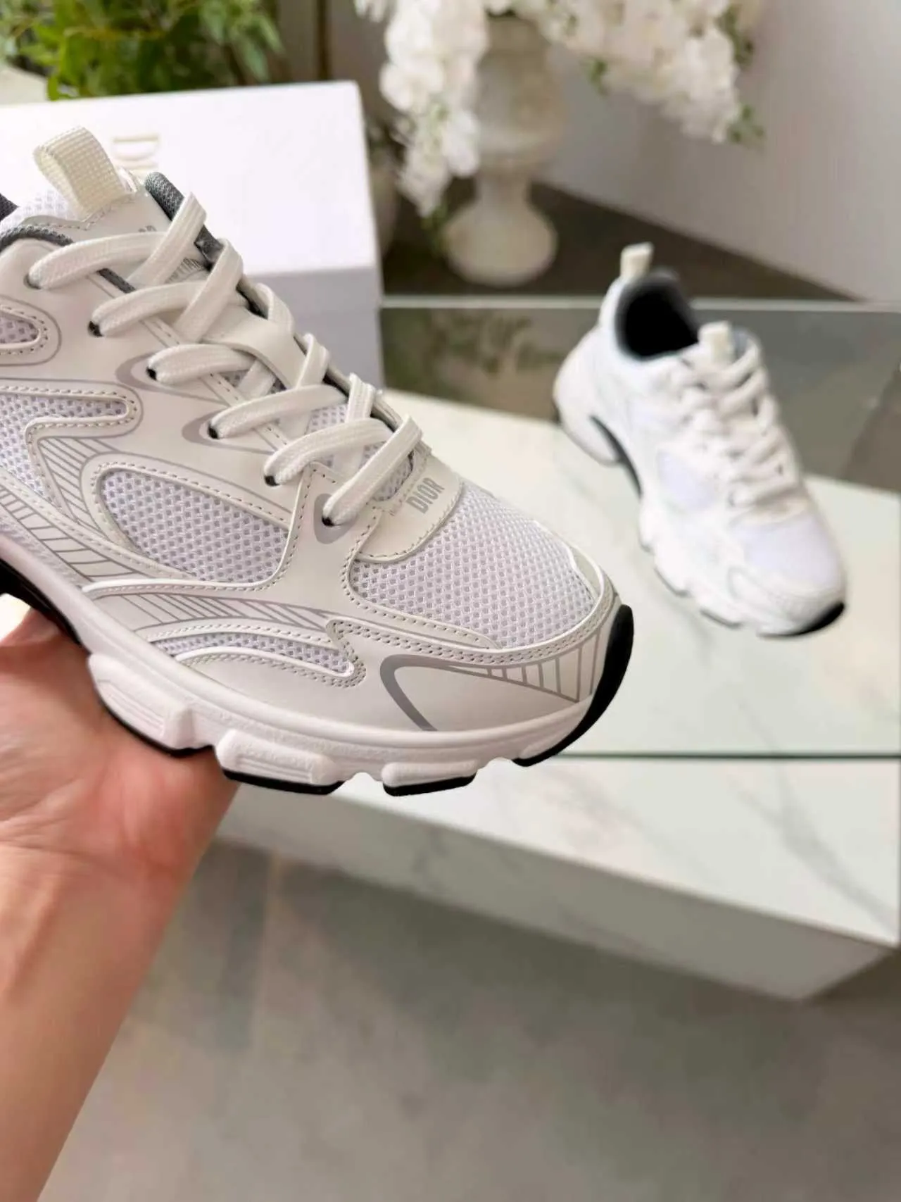 Dior White Gray Mesh And Synthetic Overlay Sculpted Sole Chunky Sneakers 2