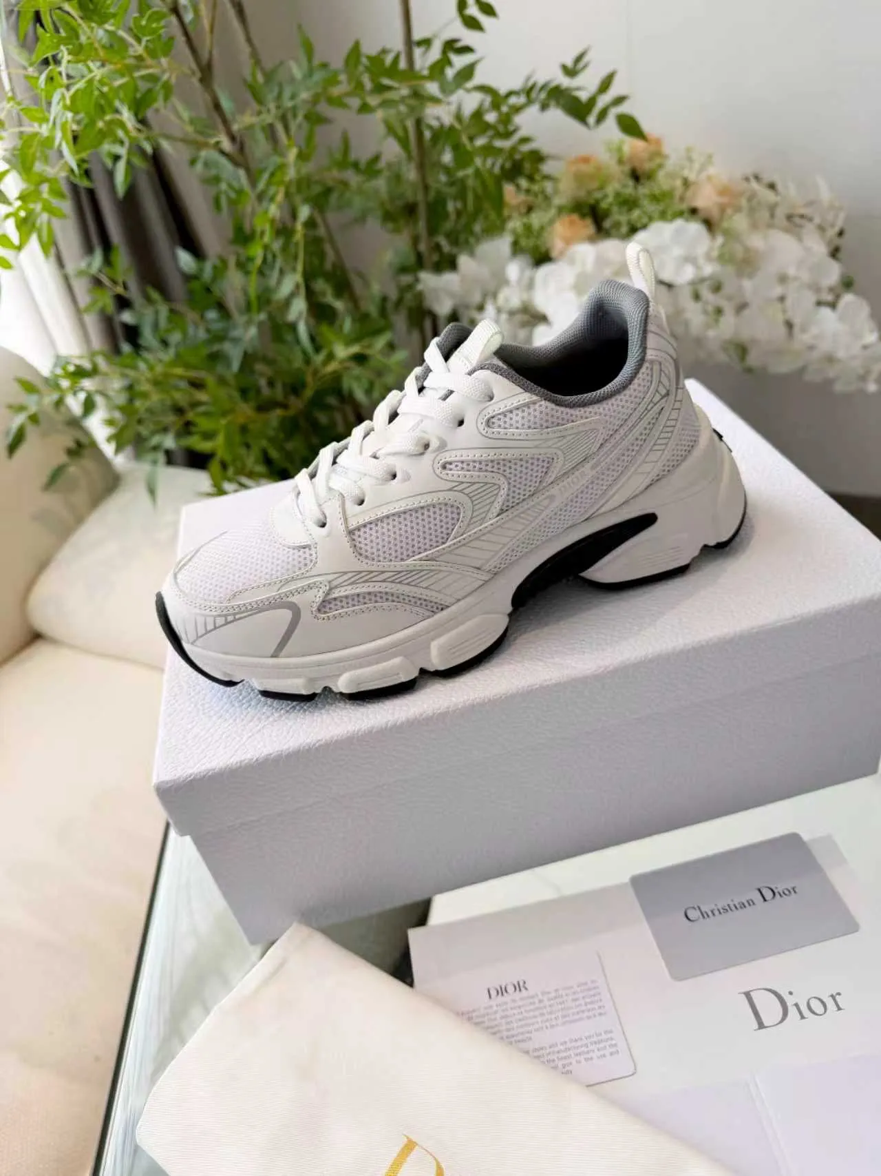 Dior White Gray Mesh And Synthetic Overlay Sculpted Sole Chunky Sneakers 4