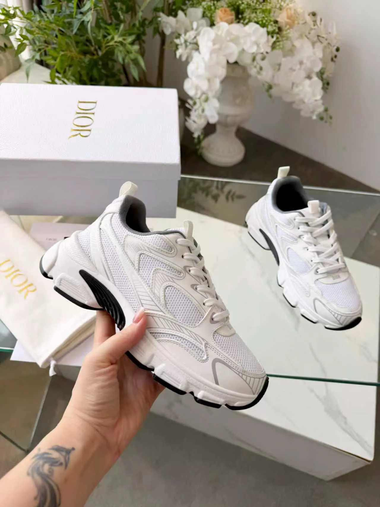 Dior White Gray Mesh And Synthetic Overlay Sculpted Sole Chunky Sneakers 6