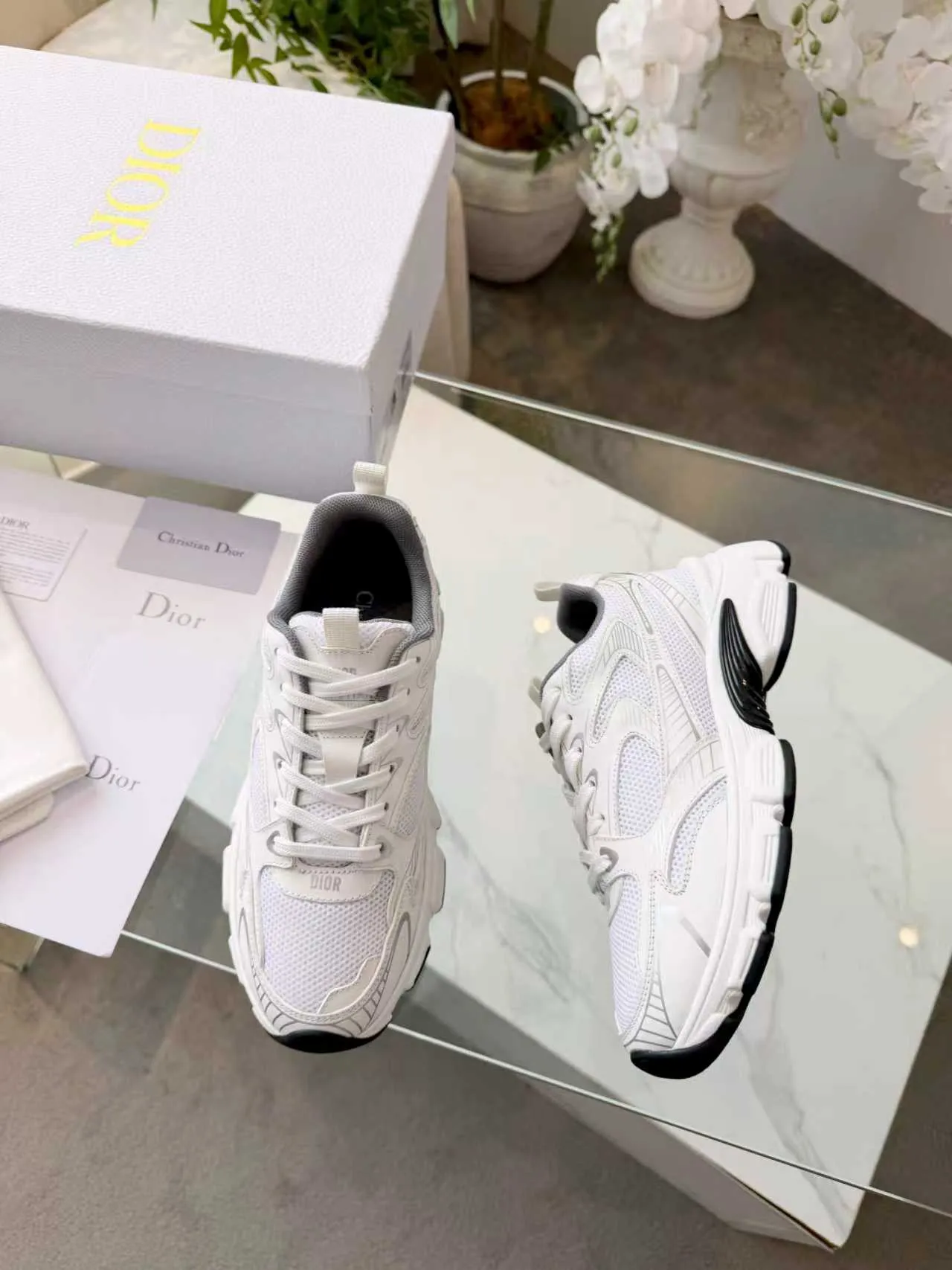 Dior White Gray Mesh And Synthetic Overlay Sculpted Sole Chunky Sneakers 9