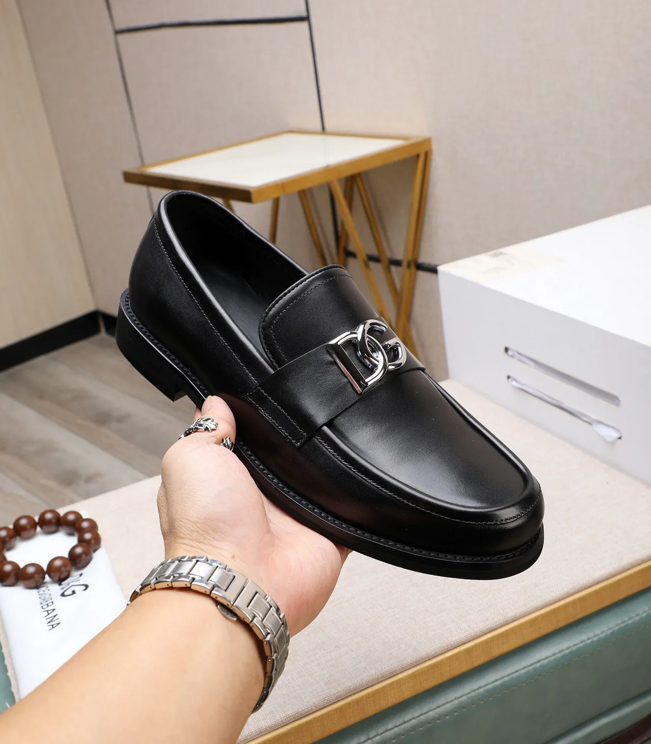 Dolce & Gabbana Noir Argent Cuir Poli Métal DG Boucle Sangle Mocassin 5